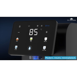 Modernes Display eines Wasserspenders mit Temperatur- und Getränkeauswahl.