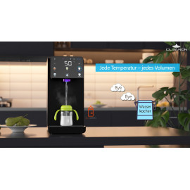 Wasserspender bereitet warmes Wasser für Babyflasche bei 50 °C zu.