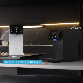 Wasserspender in Weiß und Schwarz, beide Farbvarianten nebeneinander.